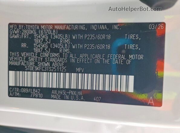 5TDESKFC3TS251125 2026 TOYOTA SIENNA White Widok naklejki z numerem VIN