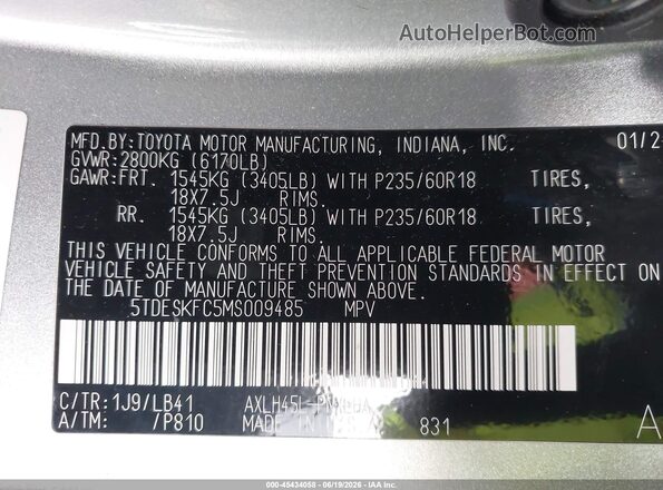5TDESKFC5MS009485 2021 TOYOTA SIENNA Silver Շարժիչի բաժամունքի տեսք