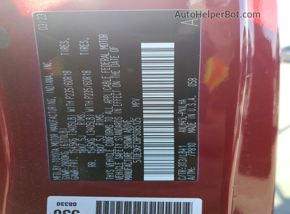 5TDESKFC8PS085125 2023 TOYOTA SIENNA Red Вид наклейки з VIN-кодом