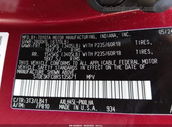 5TDESKFC8RS135671 2024 TOYOTA SIENNA Red Widok komory silnika