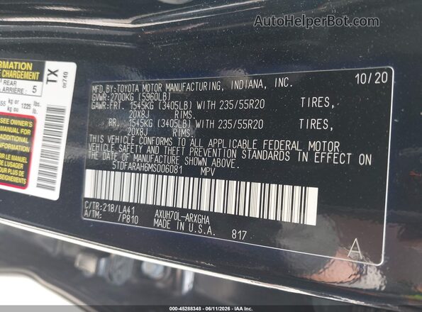 5TDFARAH6MS006081 2021 TOYOTA HIGHLANDER Black ძრავის განყოფილების ხედი