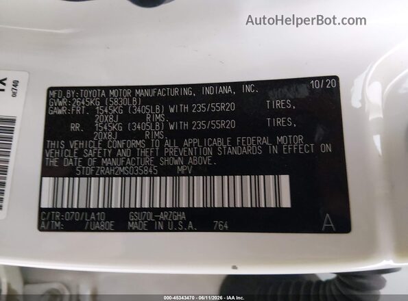 5TDFZRAH2MS035845 2021 TOYOTA HIGHLANDER White ძრავის განყოფილების ხედი