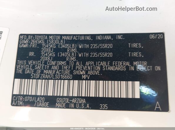 5TDFZRAH7LS016660 2020 TOYOTA HIGHLANDER White Вид підкапотного простору