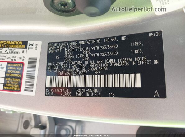 5TDFZRAH9LS015607 2020 TOYOTA HIGHLANDER Silver Vista del compartimento del motor