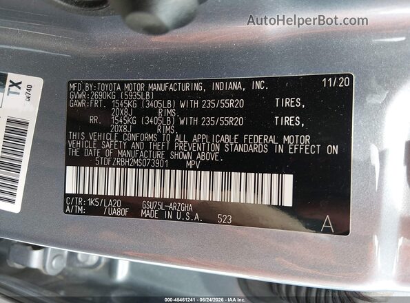 5TDFZRBH2MS073901 2021 TOYOTA HIGHLANDER Gray ძრავის განყოფილების ხედი