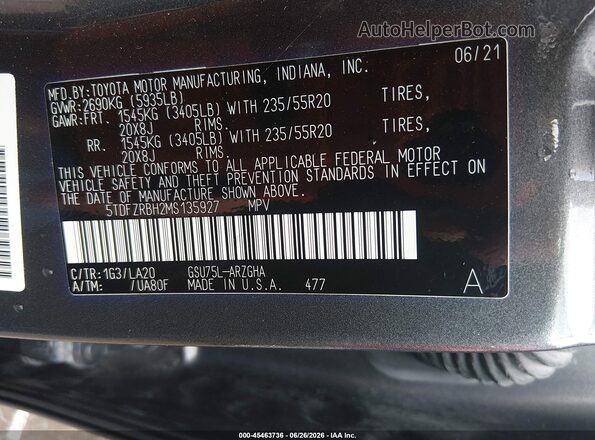 5TDFZRBH2MS135927 2021 TOYOTA HIGHLANDER Gray Vista del compartimento del motor