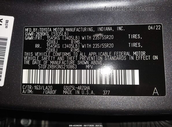 5TDFZRBH3NS210863 2022 TOYOTA HIGHLANDER Gray Widok komory silnika