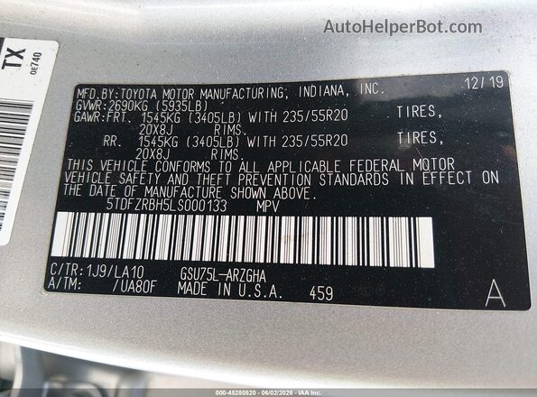 5TDFZRBH5LS000133 2020 TOYOTA HIGHLANDER Серый Вид подкапотного пространства