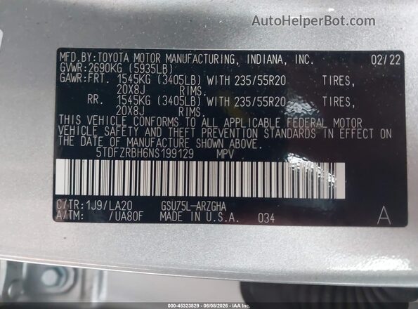 5TDFZRBH6NS199129 2022 TOYOTA HIGHLANDER Gray Շարժիչի բաժամունքի տեսք