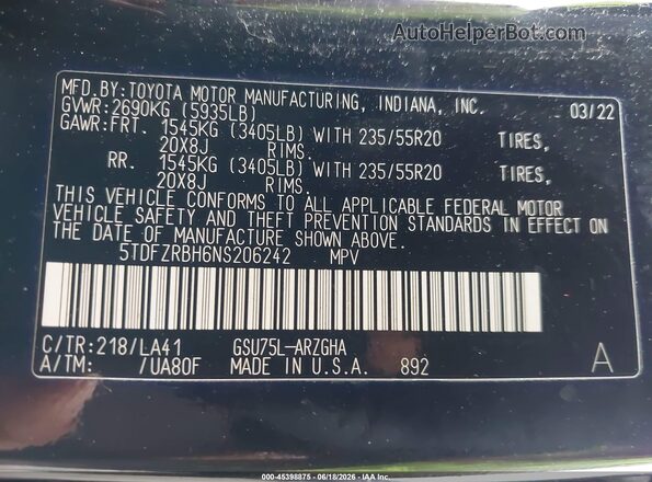 5TDFZRBH6NS206242 2022 TOYOTA HIGHLANDER Black Engine compartment view