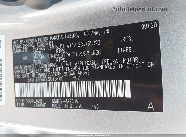 5TDFZRBH7LS045400 2020 TOYOTA HIGHLANDER Silver Widok komory silnika