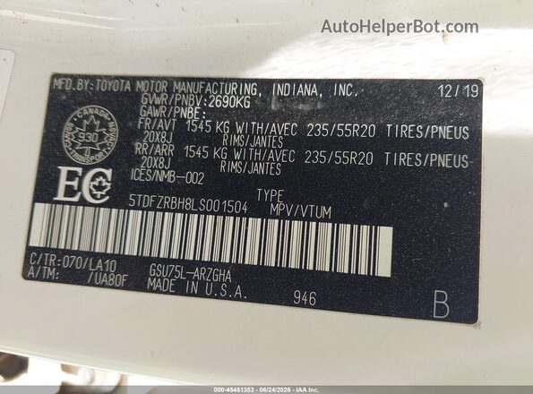 5TDFZRBH8LS001504 2020 TOYOTA HIGHLANDER White Շարժիչի բաժամունքի տեսք