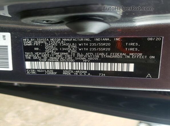5TDFZRBH9LS052090 2020 TOYOTA HIGHLANDER Серый Вид наклейки с VIN-кодом