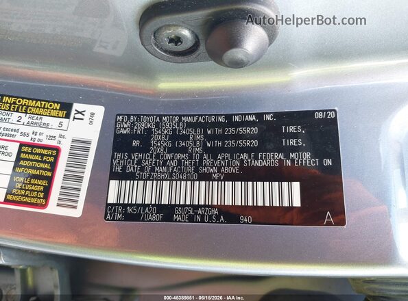 5TDFZRBHXLS048100 2020 TOYOTA HIGHLANDER Silver Vista del compartimento del motor