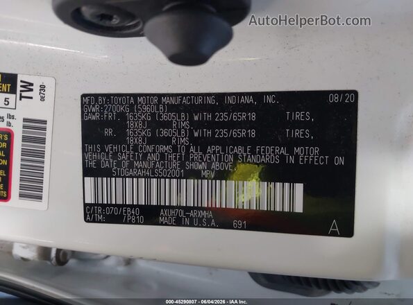 5TDGARAH4LS502001 2020 TOYOTA HIGHLANDER White Вид підкапотного простору