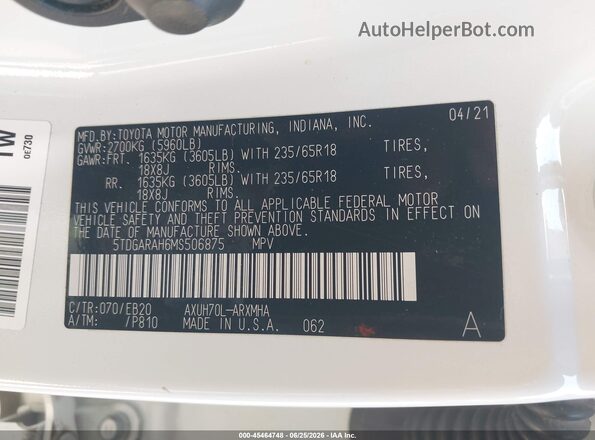 5TDGARAH6MS506875 2021 TOYOTA HIGHLANDER White Widok komory silnika