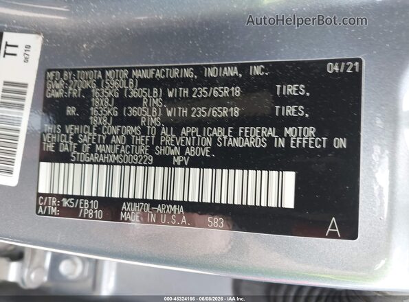 5TDGARAHXMS009229 2021 TOYOTA HIGHLANDER Gray Շարժիչի բաժամունքի տեսք