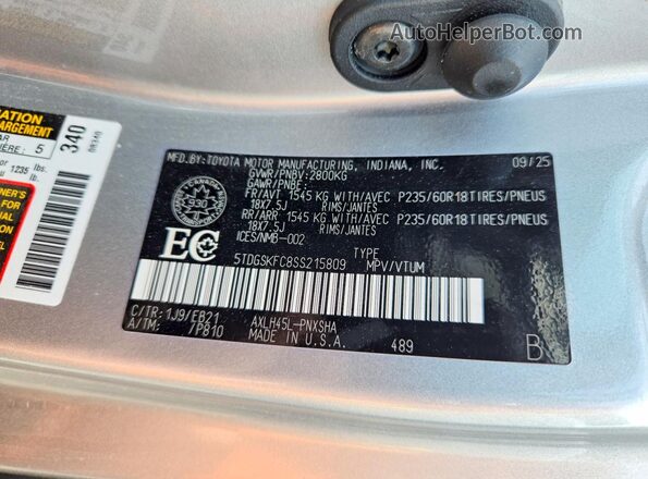 5TDGSKFC8SS215809 2025 TOYOTA SIENNA Silver Vista interior de 360 grados