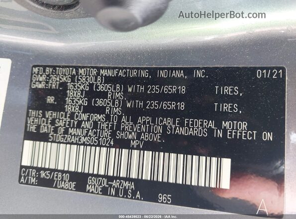 5TDGZRAH3MS051024 2021 TOYOTA HIGHLANDER Light Blue Շարժիչի բաժամունքի տեսք
