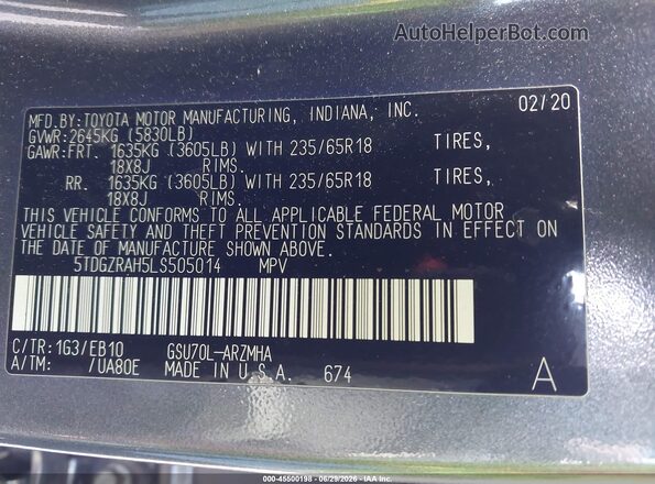 5TDGZRAH5LS505014 2020 TOYOTA HIGHLANDER Gray Vista del compartimento del motor