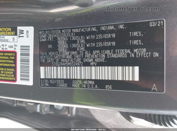 5TDGZRAH5MS524972 2021 TOYOTA HIGHLANDER Gray ძრავის განყოფილების ხედი