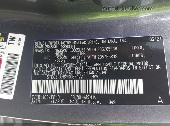 5TDGZRAH6MS067122 2021 TOYOTA HIGHLANDER Gray Շարժիչի բաժամունքի տեսք