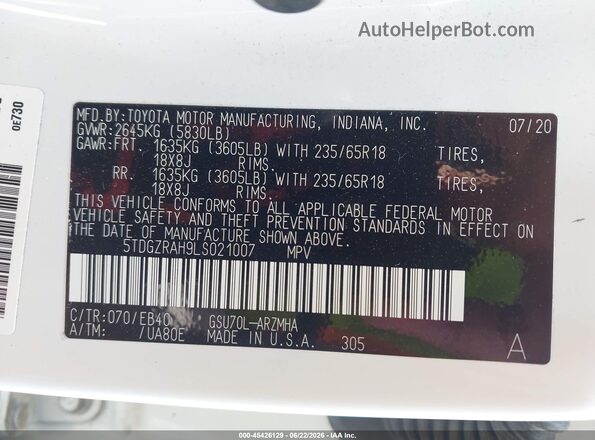 5TDGZRAH9LS021007 2020 TOYOTA HIGHLANDER White Widok komory silnika