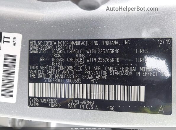 5TDGZRBH0LS000593 2020 TOYOTA HIGHLANDER Gray Engine compartment view