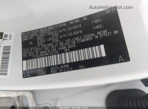 5TDGZRBH3MS102228 2021 TOYOTA HIGHLANDER White Вид підкапотного простору