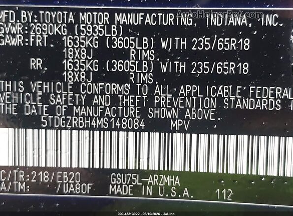 5TDGZRBH4MS148084 2021 TOYOTA HIGHLANDER Black Вид підкапотного простору