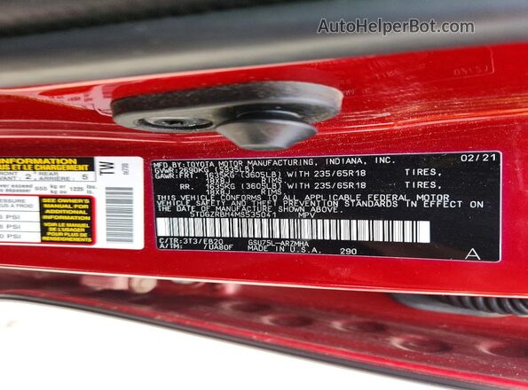 5TDGZRBH4MS535041 2021 TOYOTA HIGHLANDER Красный Вид наклейки с VIN-кодом