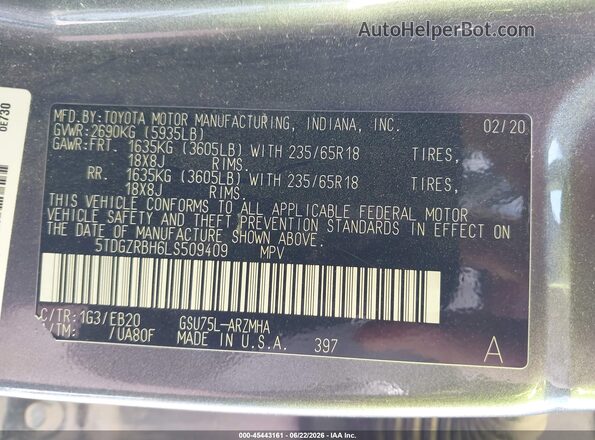 5TDGZRBH6LS509409 2020 TOYOTA HIGHLANDER Gray Widok komory silnika