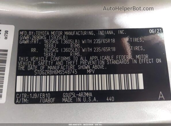 5TDGZRBH6MS548745 2021 TOYOTA HIGHLANDER Silver Շարժիչի բաժամունքի տեսք