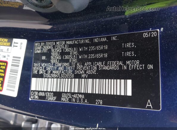 5TDGZRBH7LS026558 2020 TOYOTA HIGHLANDER Синий Вид подкапотного пространства