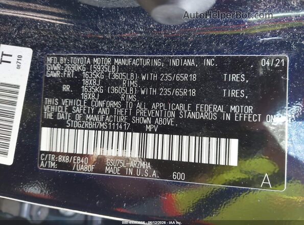 5TDGZRBH7MS111417 2021 TOYOTA HIGHLANDER Blue Շարժիչի բաժամունքի տեսք