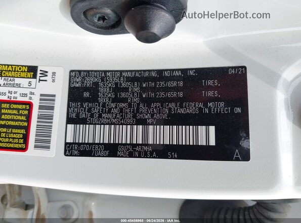 5TDGZRBH7MS540993 2021 TOYOTA HIGHLANDER Белый Вид подкапотного пространства