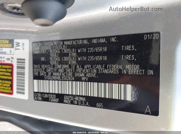5TDGZRBH8LS502834 2020 TOYOTA HIGHLANDER Silver Engine compartment view