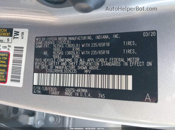 5TDGZRBH9LS026335 2020 TOYOTA HIGHLANDER Silver ძრავის განყოფილების ხედი