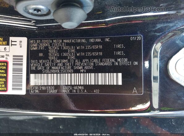 5TDGZRBH9LS503989 2020 TOYOTA HIGHLANDER Black VIN კოდის სტიკერის ხედი