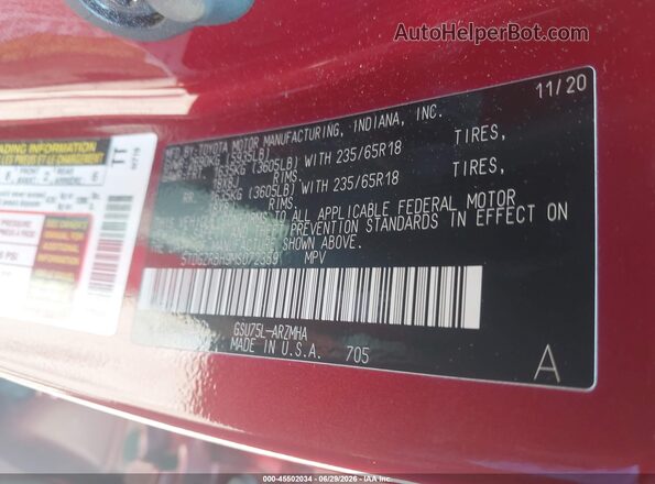 5TDGZRBH9MS072359 2021 TOYOTA HIGHLANDER Red VIN կոդի պիտակի տեսք