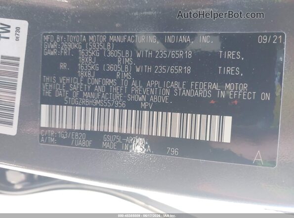 5TDGZRBH9MS557956 2021 TOYOTA HIGHLANDER Gray Widok komory silnika