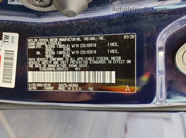 5TDGZRBHXLS004523 2020 TOYOTA HIGHLANDER Blue VIN sticker view