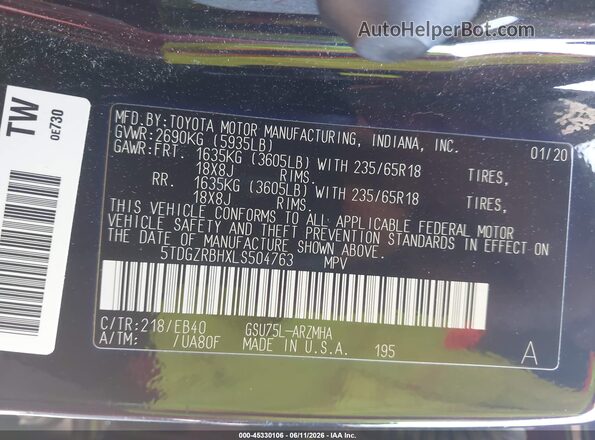 5TDGZRBHXLS504763 2020 TOYOTA HIGHLANDER Black ძრავის განყოფილების ხედი