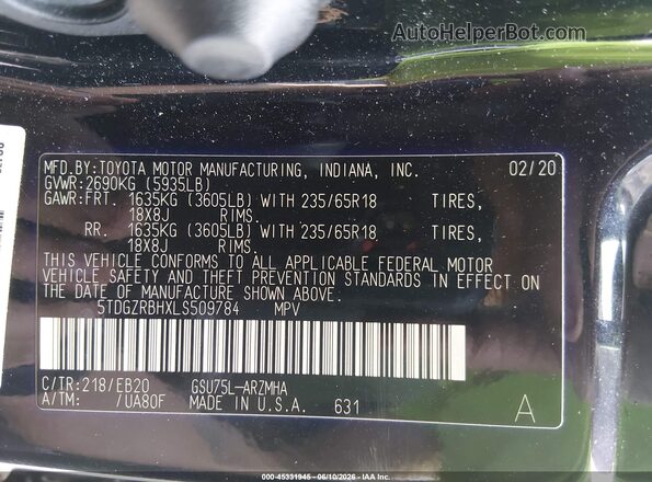 5TDGZRBHXLS509784 2020 TOYOTA HIGHLANDER Черный Вид подкапотного пространства