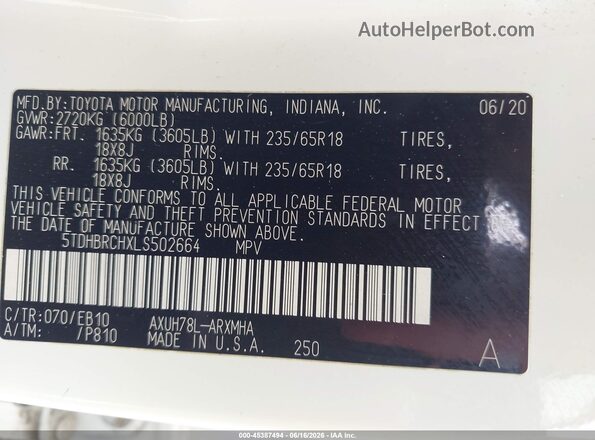 5TDHBRCHXLS502664 2020 TOYOTA HIGHLANDER White Engine compartment view