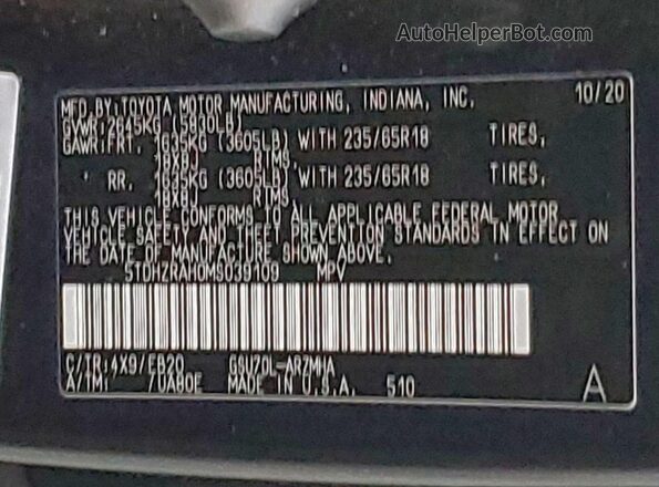 5TDHZRAH0MS039109 2021 TOYOTA HIGHLANDER Black Вид наклейки з VIN-кодом