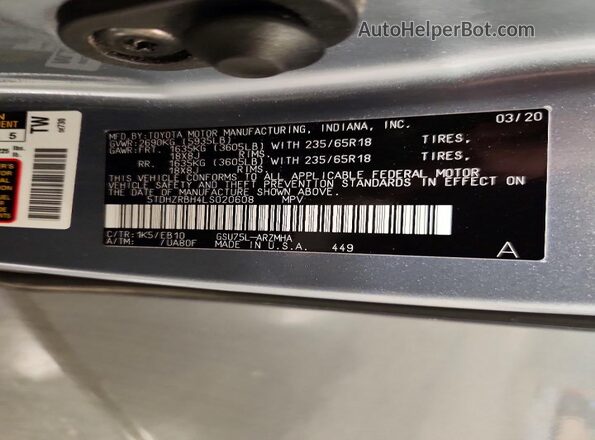 5TDHZRBH4LS020608 2020 TOYOTA HIGHLANDER Синий Панорамный вид салона 360°