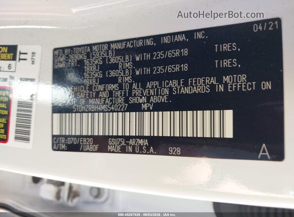5TDHZRBH4MS540227 2021 TOYOTA HIGHLANDER White ძრავის განყოფილების ხედი
