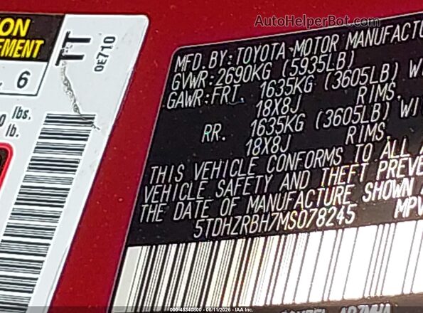 5TDHZRBH7MS078245 2021 TOYOTA HIGHLANDER Red Вид підкапотного простору