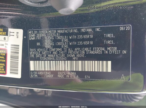 5TDHZRBHXLS035940 2020 TOYOTA HIGHLANDER Black Vista del compartimento del motor